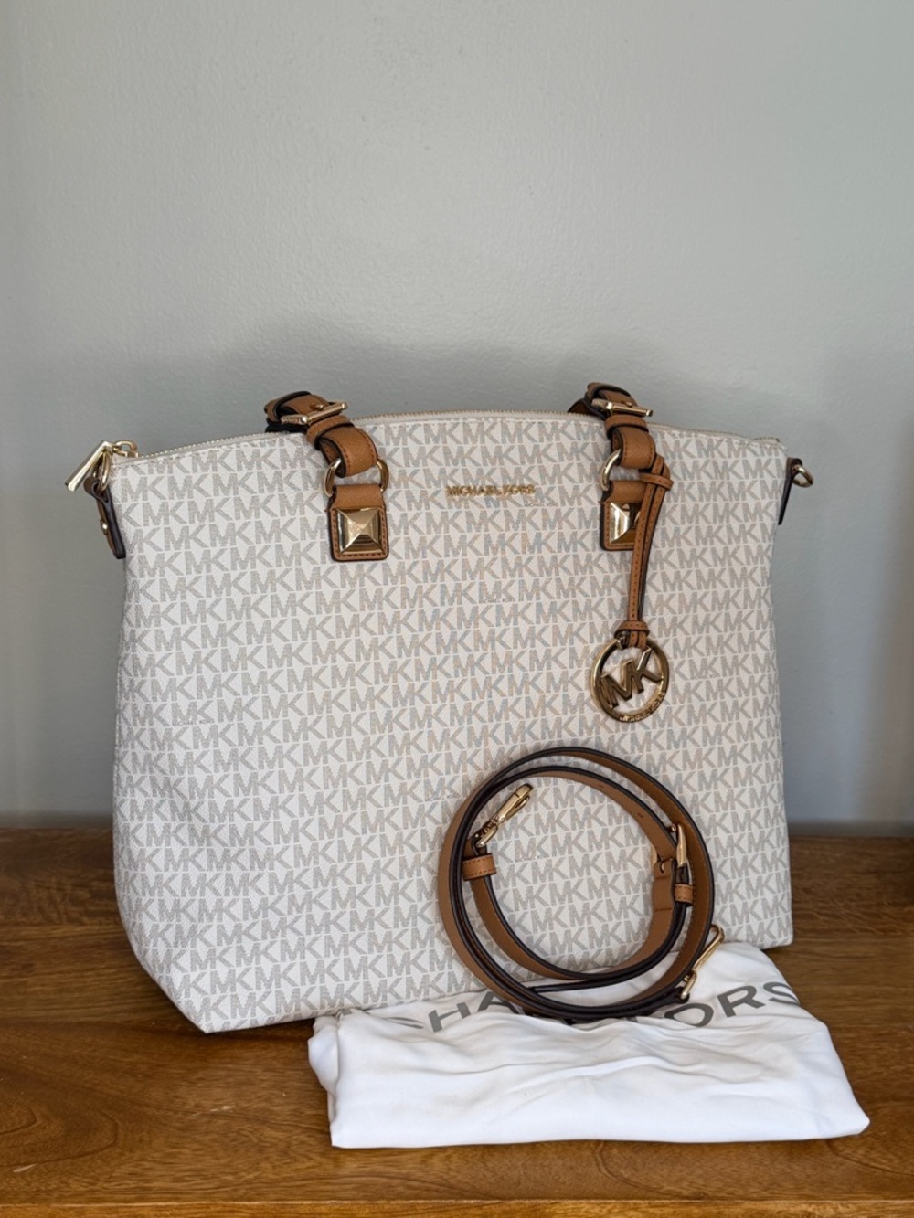 Michael Kors Karla Vanilla/Acorn Signature Logo Tote with Gold Hardware